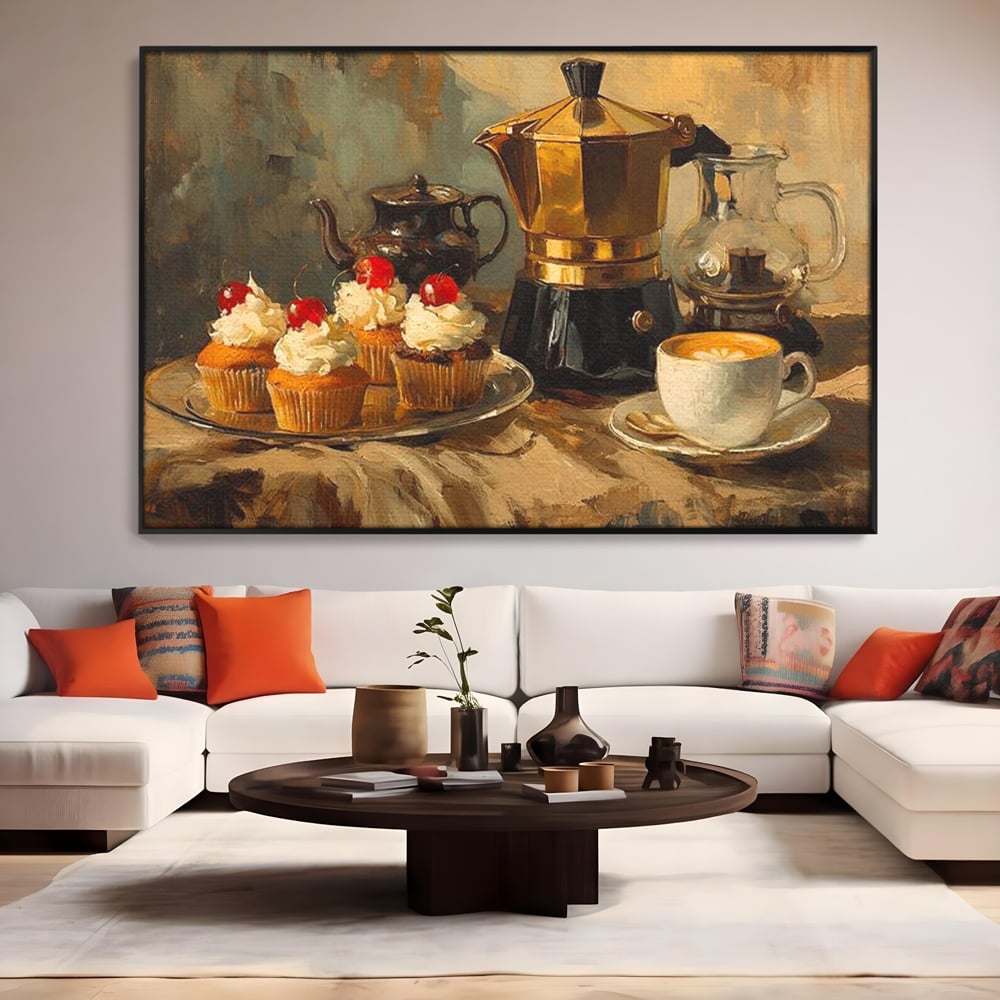 Tablou canvas cu pictura statica cu briose si cafea, in rama de aluminiu negru, pe perete intr-un living